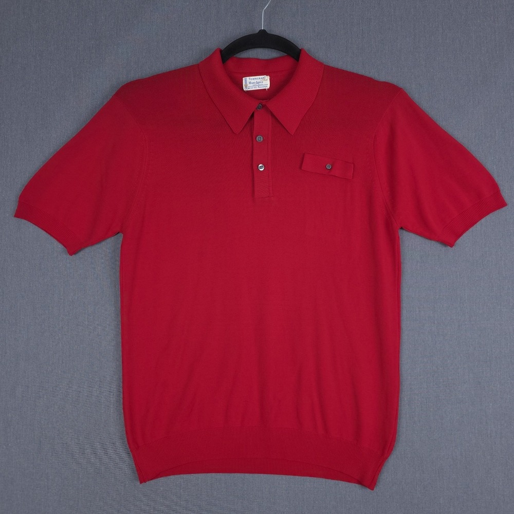 Towncraft Penneys Retro Polo Mens Medium Red Knit Ban Lon Nylon Short Sleeve 60s